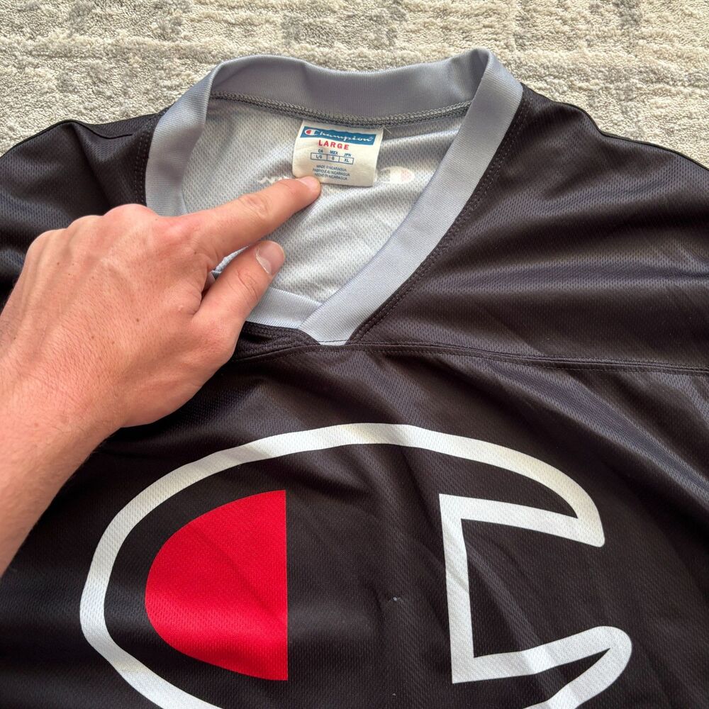 Vintage Champion Hockey Jersey Mens 44 Large Big C Logo #19 Black Mesh - Picture 6 of 6